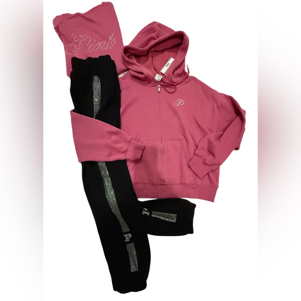 NEW VICTORIAS SECRET PINK BLING FULL ZIP HOODIE & CHOOSE PANTS 2 PC SET NICE!!